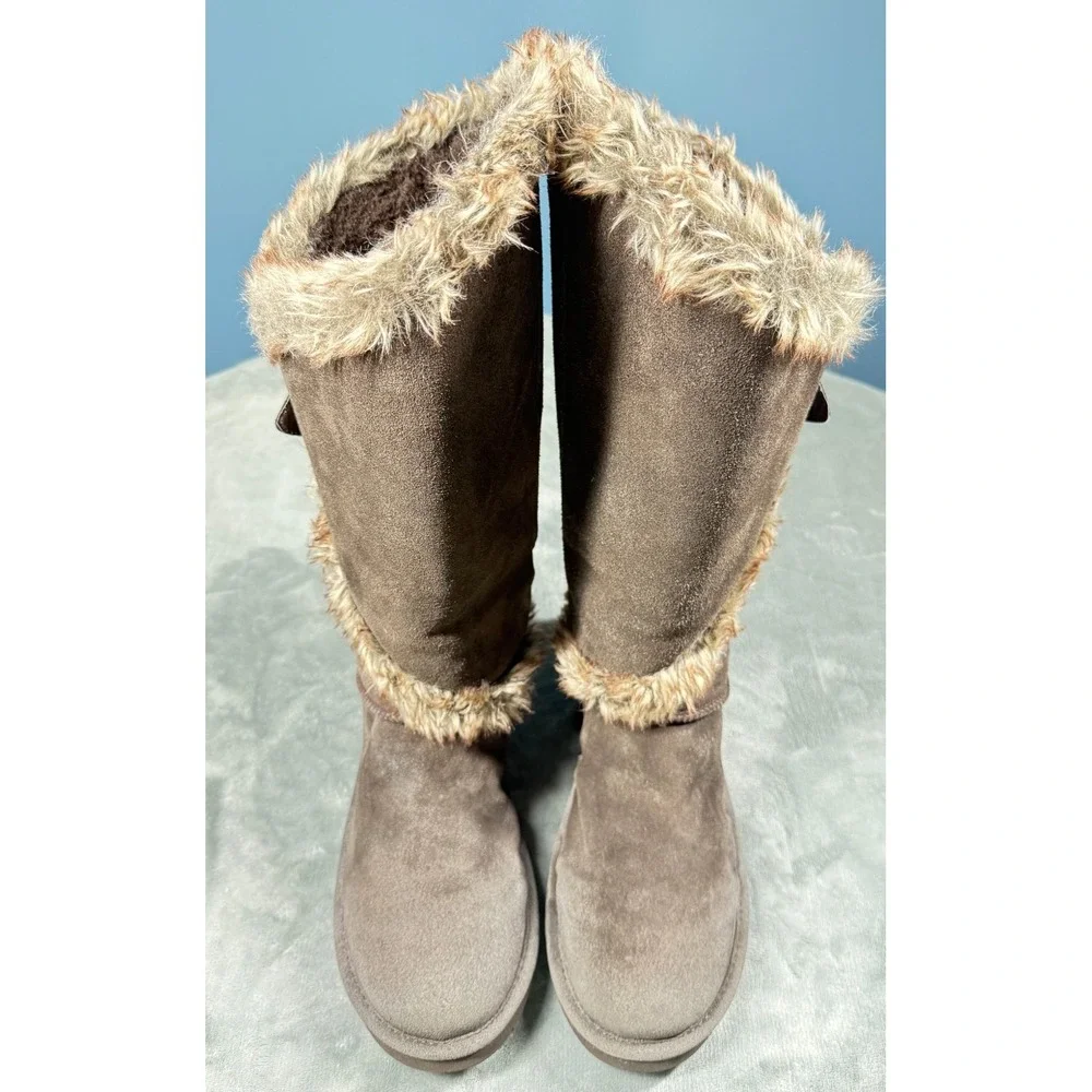 Bearpaw Sheilah Boots Womens 12 Brown Suede Faux Fur Trim Mid Calf
